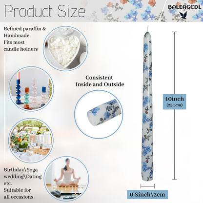 Floral Tapered Candle Forget-me-not Print Candles Handmade Unscented Candlesticks 10 Inch Smokelss Long Candle Sticks for Home Decor & Gifts Set of 4