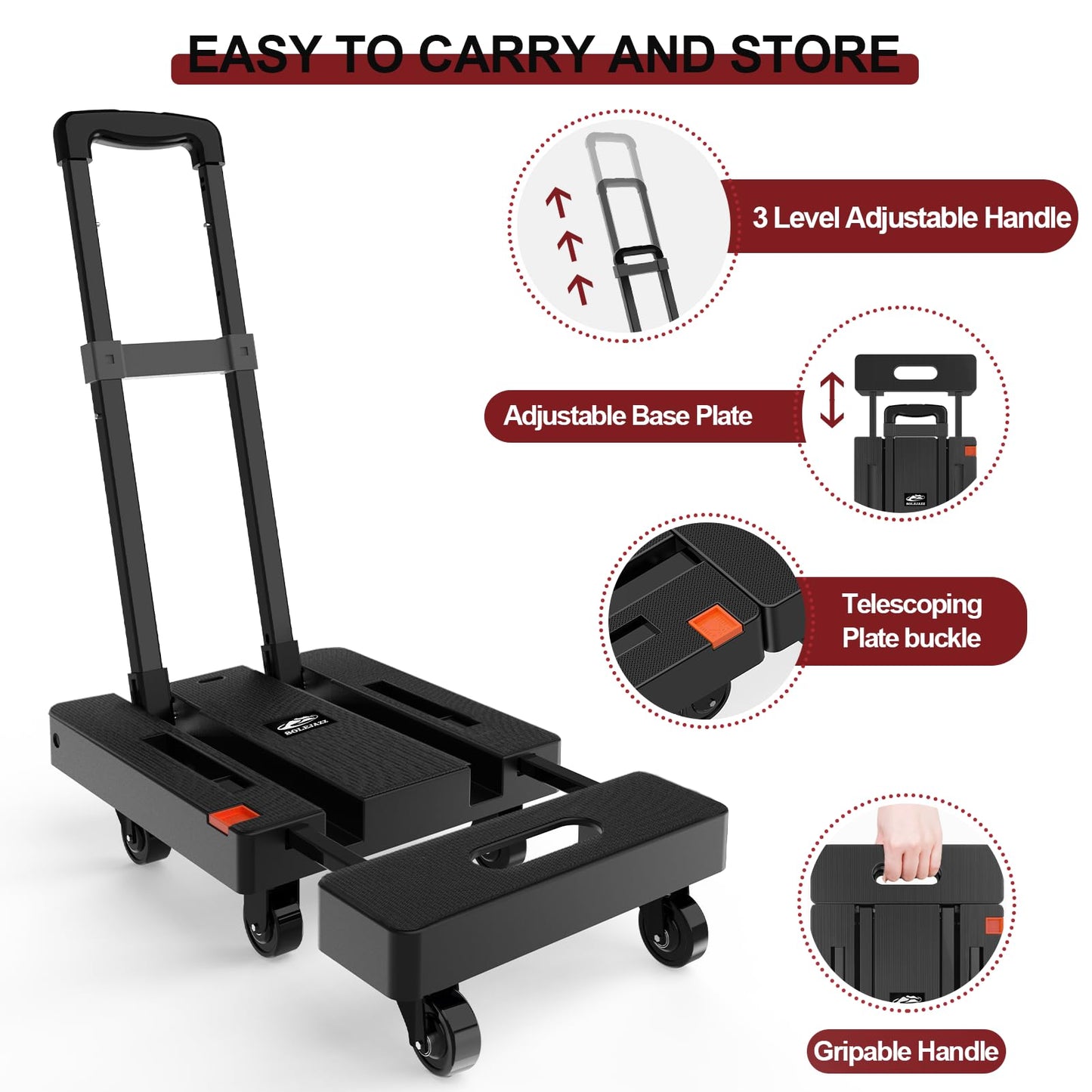 SOLEJAZZ Folding Hand Truck Portable Dolly Cart with Wheels Foldable 500LB Heavy Duty Luggage Cart Collapsible Hand Cart Moving Dolly for Airport Travel Furniture Luggage Office Moving, Black