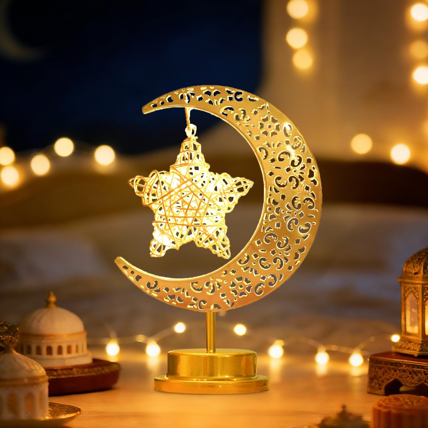 Lifnatty Moon Lamp with Hanging Star, Decorative Crescent Moon Night Light Battery Powered, Retro Metal LED Table Lamp for Bedroom Living Room Boho Home Decor, Gift for Women Birthday Christmas