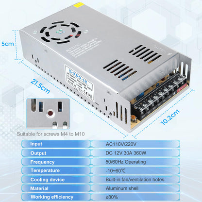 inShareplus 12V 30A 360W, DC Universal Regulated Switching Power Supply, Converter AC 110/220V to DC 12 Volt LED Driver, Transformer, Adapter for LED Strip Light, 3D Printer, Radio, Computer Project