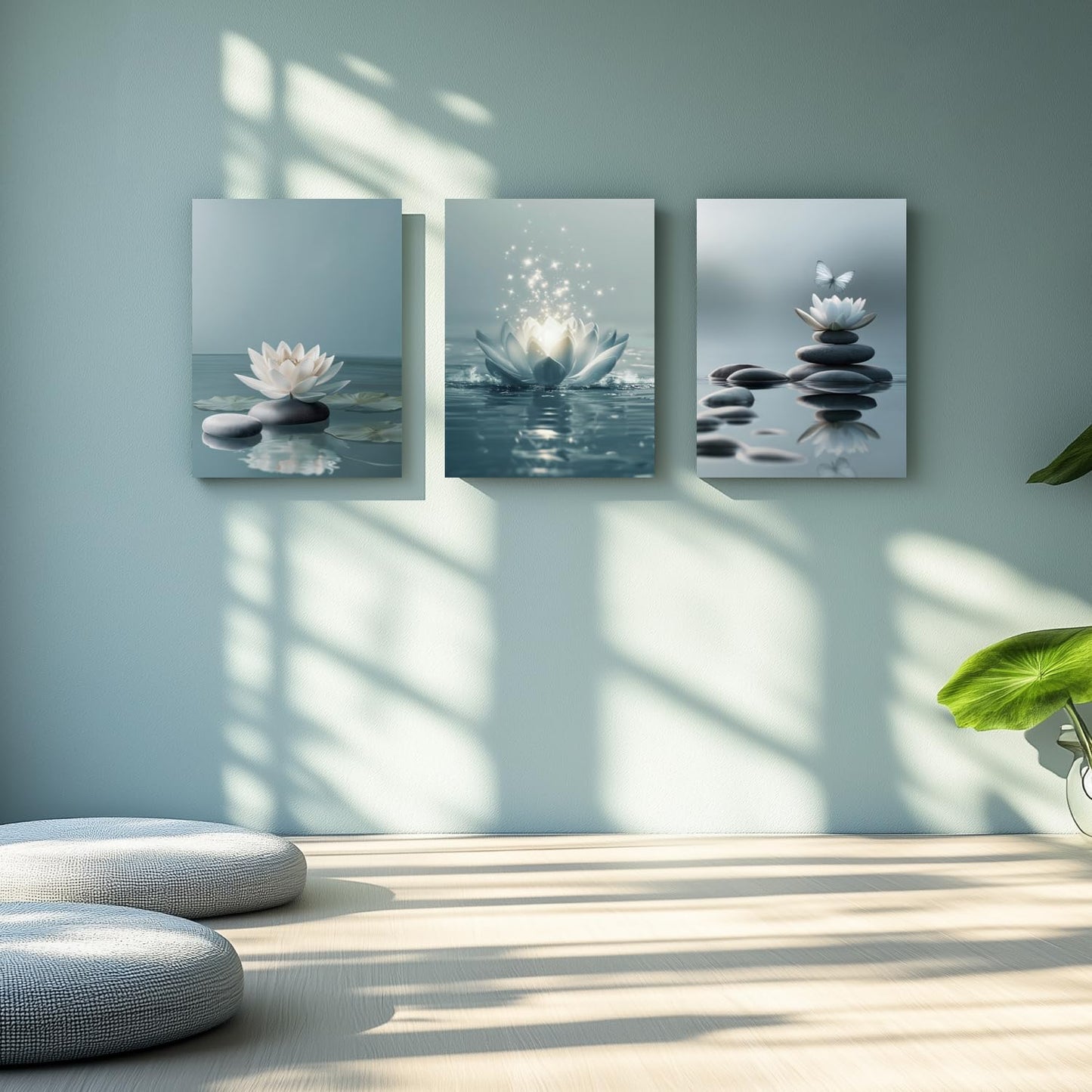 GELDSTEI Calm Zen Botanical Canvas Wall Art, White Lotus Blooming on Stones in Water Aesthetic Pictures, Yoga Spa Meditation Room Decor, Modern Spiritual Poster Prints for Zen Office Framed Set of 3, Each 12x16 Inch