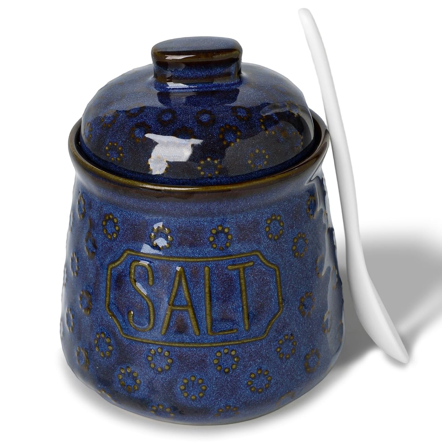 QUXIJA Salt Bowl with Lid and Spoon, 10oz Ceramic Spices Cellar (Vintage Blue)