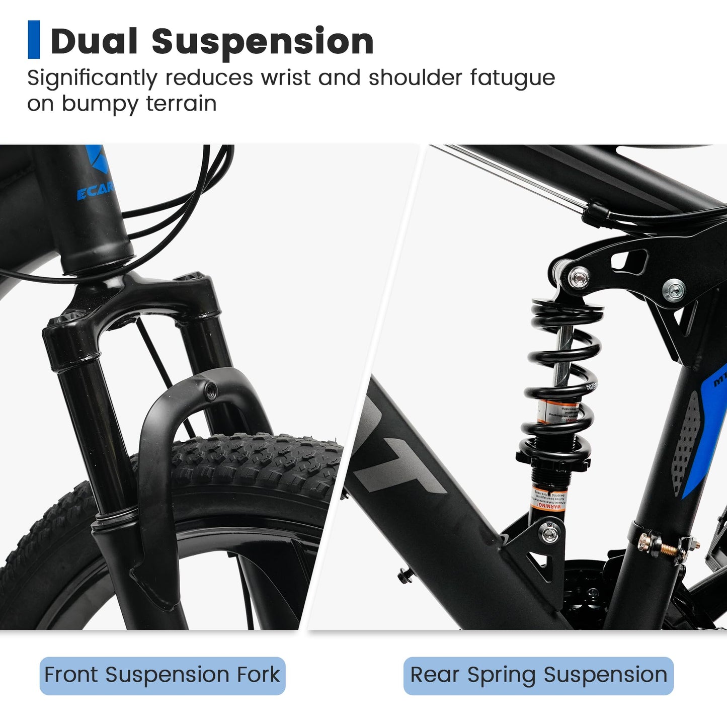 Ecarpat Full Suspension Mountain Bike 26 Inch Wheel, 21 Speed Mountain Bicycle with High-Carbon Steel and Dual Disc Brakes, Outdoor Cycling MTB Bike for Men Adult, Black