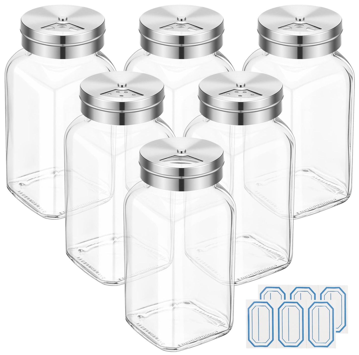 Segarty 6 PCS Glass Spice Jars 6oz, Salt Bottles with Adjustable Stainless Steel Shaker Lids 3 Pouring Ways, Large 180ml Square Condiments Jars 6 Stickers for Sugar Pepper Storage Kitchen Organization