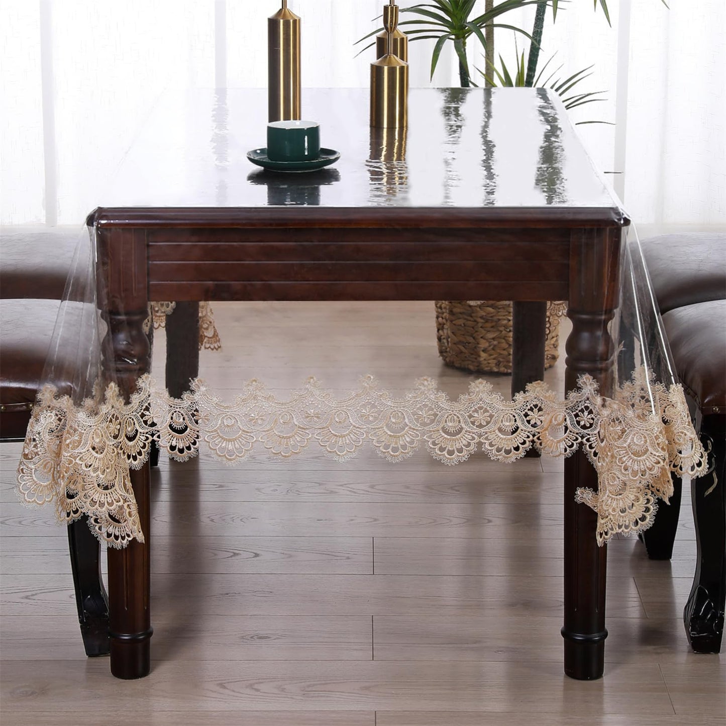 Clear Plastic Rectangle Tablecloth Vinyl Waterproof Table Cloth Embroidered Lace Edge Transparent Table Cover for Dining Kitchen Outdoor(52 x 70 inch, Coffee Style 3)