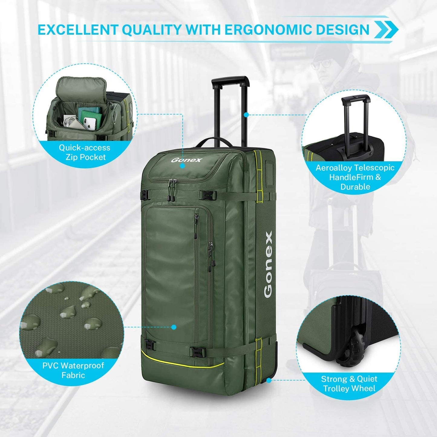 Gonex Rolling Duffle Bag with Wheels, 100L with Compression Packing Cubes