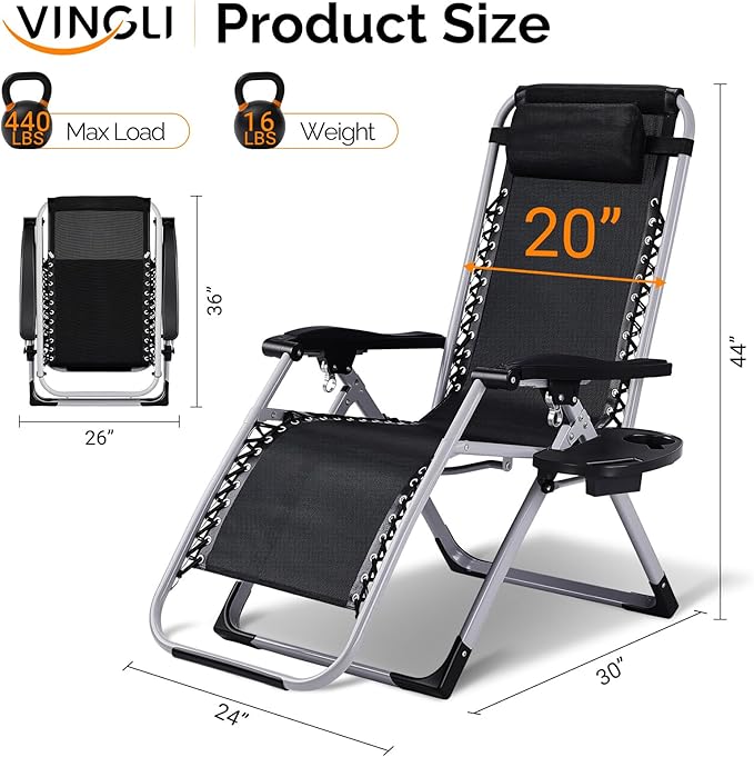 VINGLI Padded Zero Gravity Chair, Lounge Chair with Removable Cushion & Tray， Folding Reclining Patio Chairs， Recliner Chair for Lawn，Indoor Outdoor-Black
