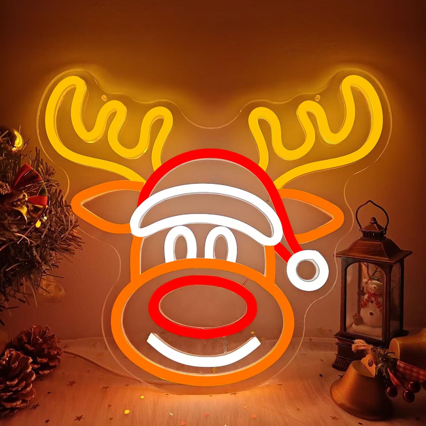 Vveikea Christmas Neon Sign Elk Neon Lights Christmas Deer Led Sign Dimmable Reindeer Neon Window Lights Xmas Light Up Sign for Wall Decor