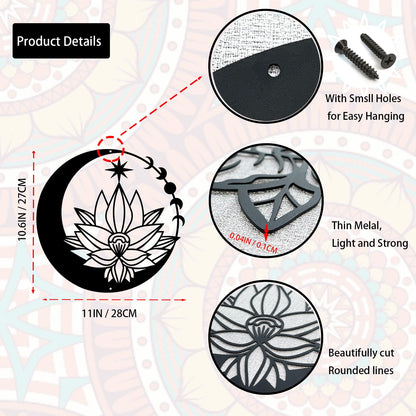 DUOOLN Moon Metal Floral Art Decor, 11" Black Boho Floral Star Phase Wall Sign, Half Moon Flower Sculpture Hanging Wall Decor for Bedroom Living Room Home Wall Decoration