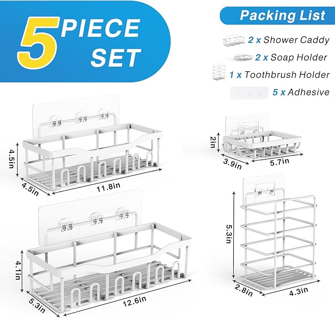 EUDELE 5-Pack Rustproof Stainless Steel Shower Caddy – No Drill Adhesive