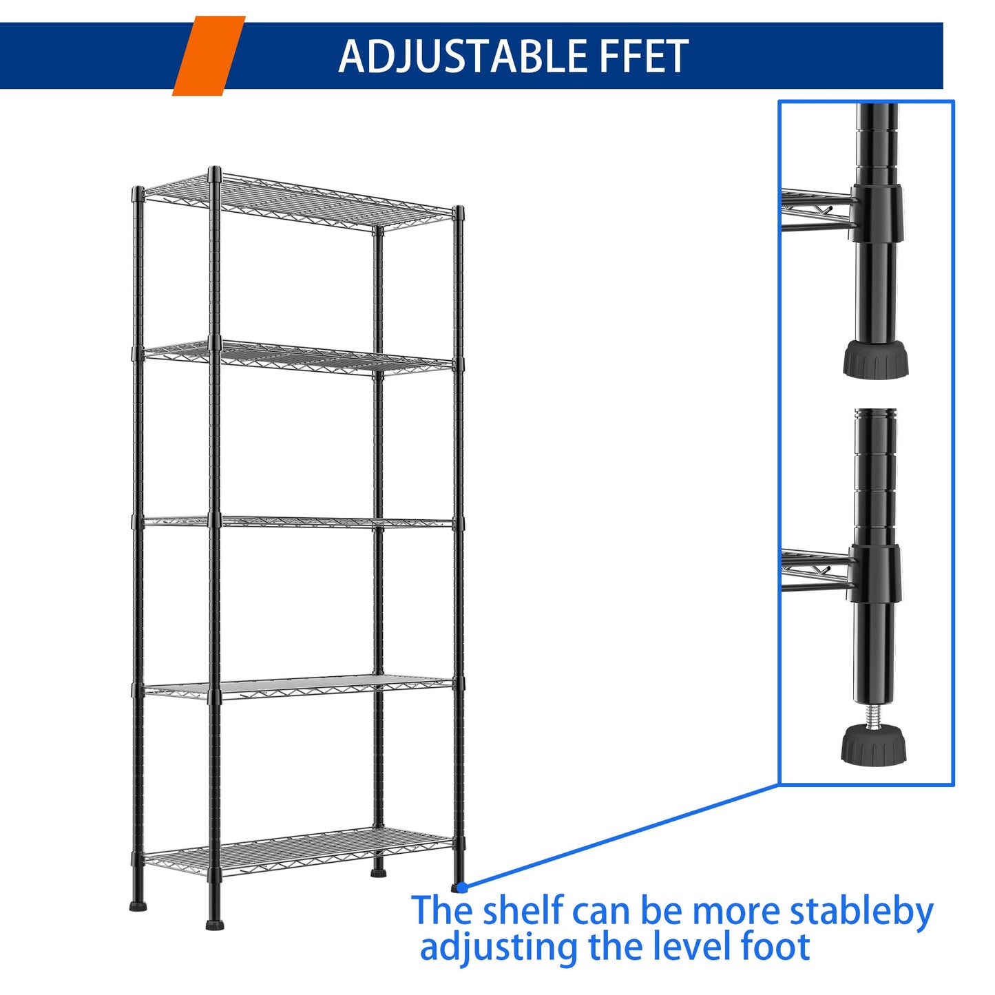 REGILLER 5-Wire Shelving Metal Storage Rack Adjustable Shelves,Standing Storage Shelf Units for Laundry Bathroom Kitchen Pantry Closet(Black,11.8" D x 16.6" W x 53.5" H)