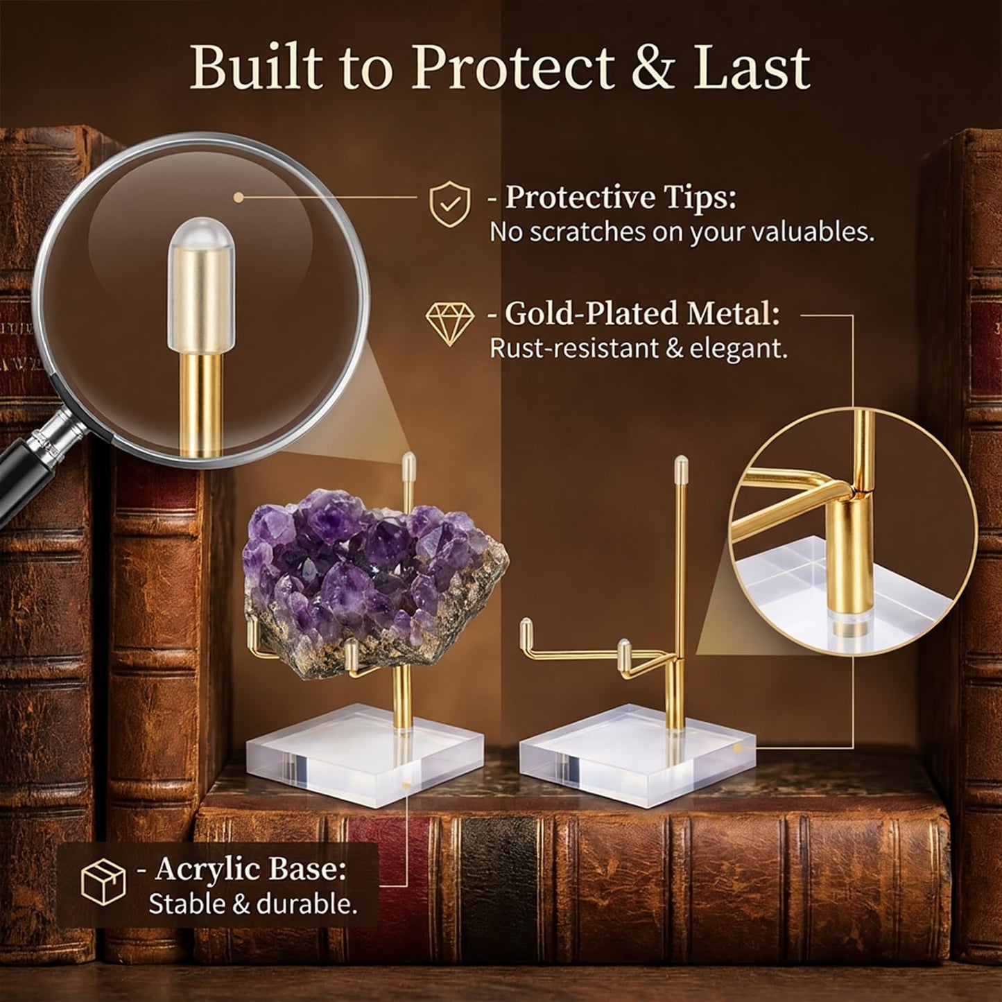 Oqqlin 12 Pcs Crystal Display Stand, 2 x 2 x 3.5 Inch Gold Rock Crystal Stand with Acrylic Base Adjustable Metal Arm Display Stands for Mineral, Agate, Geode, Picture