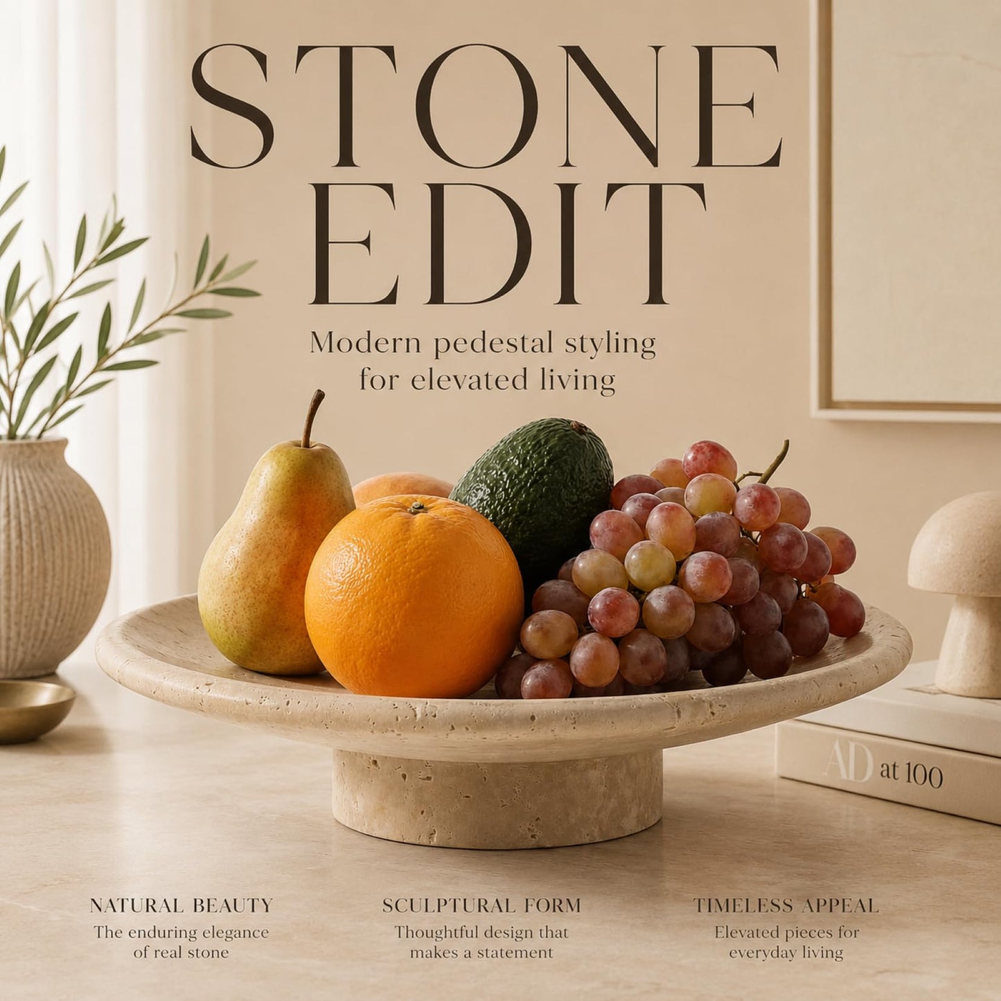 Novabright Natural Travertine Fruit Bowl for Kitchen 10 Inch Large Decorative Bowl Pedestal for Home Decor, Dining Table Centerpiece, Entryway Decor & Fruits Holder Kitchen Organization