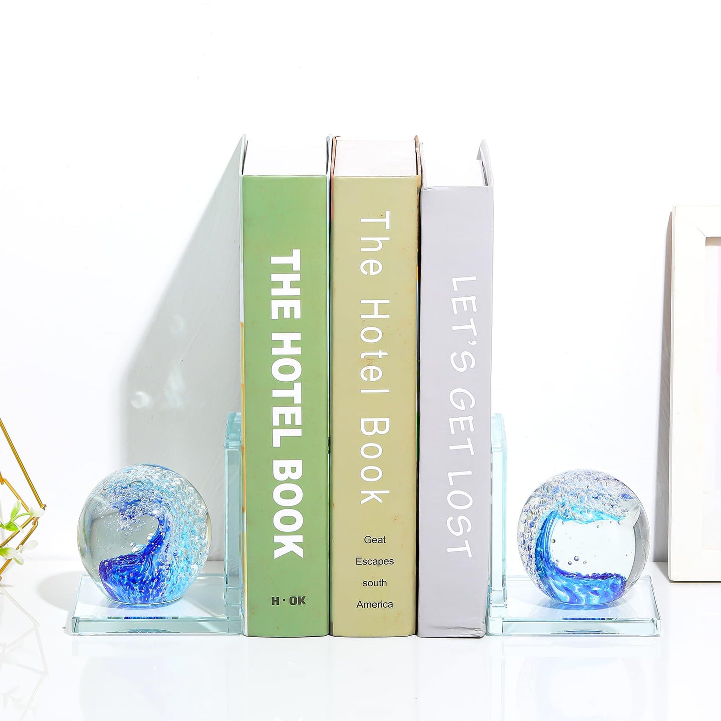 Arikyrist 1 Pair Crystal Bookends for Heavy Books with Hand Blown Ocean Waves Ball Glass Decorative Non Skid Bookends for Bookshelf Office Home (Blue)