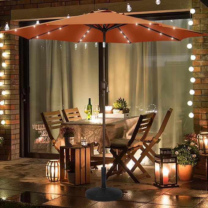 Blissun 9 ft Solar Umbrella with 32 LED Lights for Garden, Deck, Backyard (Rust)