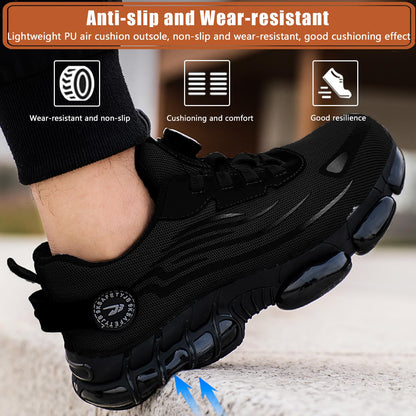 OBIDER Safety Trainers, Safety Shoes Men Women, Comfortable Lightweight Work Shoes, Upgraded Swivel Buckle Shoelaces, Non Slip Work Trainers with Air Cushion Black