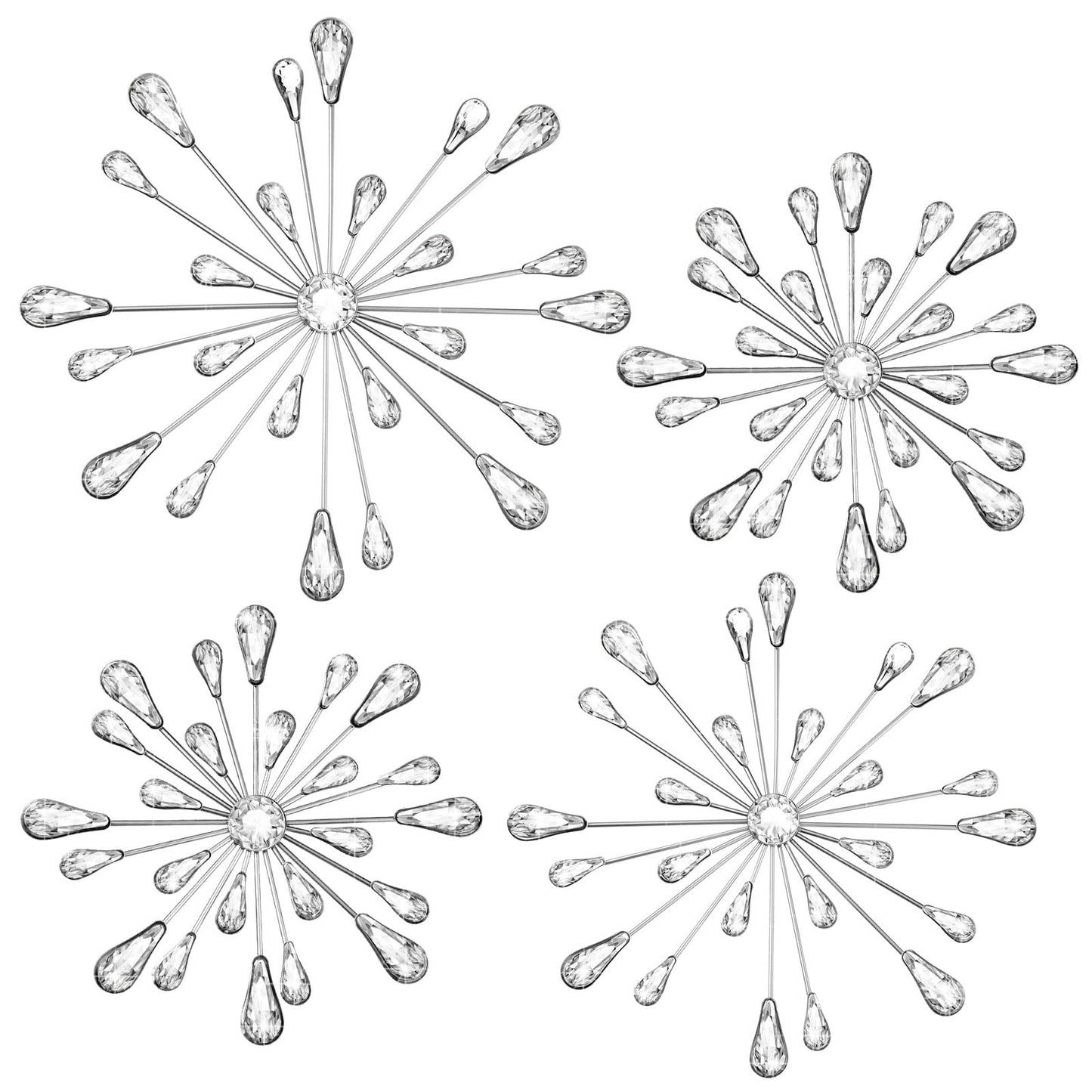 Hicarer 4 Pcs Starburst Wall Decor Bling Wall Art Crystal Teardrop 3D Hanging Rhinestone Radial Metal Artwork Modern Accent Sculptures Decorations for Living Room Home Office Bedroom(Silver)