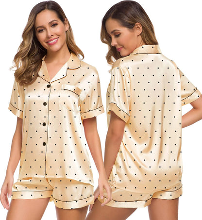 SWOMOG Womens Silk Satin Pajamas Set Short Sleeve Sleepwear Button Down Top and Shorts Loungewear 2 Piece Pjs Set XS-3XL