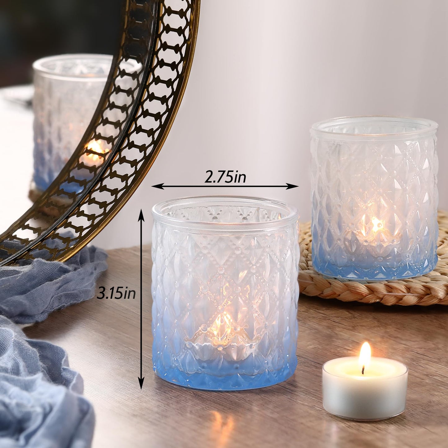 6 Pcs Blue Gradient Votive Candle Holders Glass Tea Light Candles Holder Light Blue Ombre Large Candle Holders for Bridal Shower, Wedding Table Centerpiece, Birthday Party Home Decor