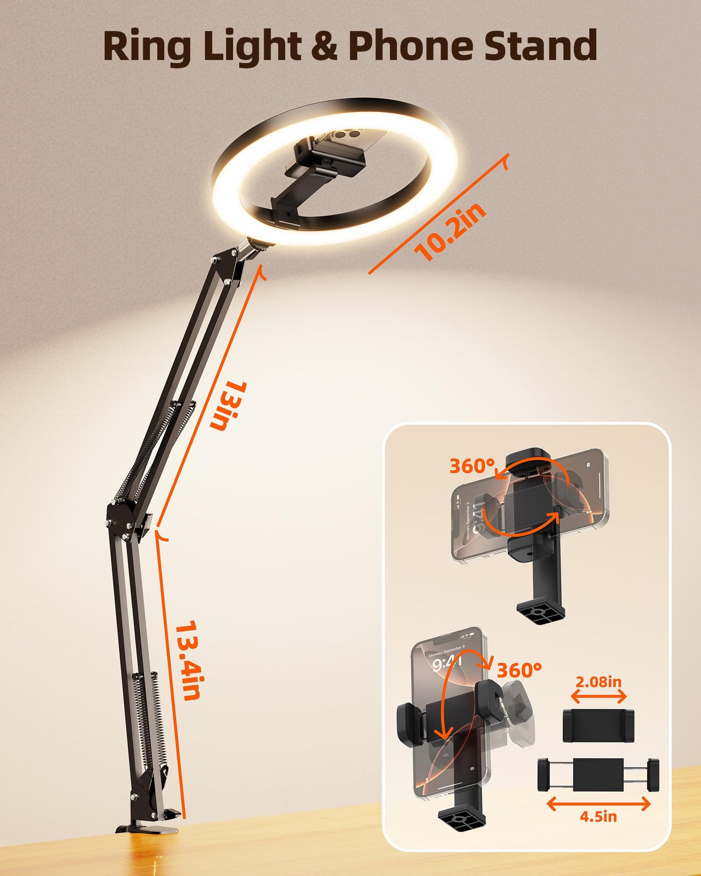 LUXSURE Ring Light with Stand for Desk, Overhead Phone Mount with 10" Ring Light Tripod for iPhone, CRI＞95, Phone Tripod with Light for Video Recording, Cooking, YouTube, Content Creation
