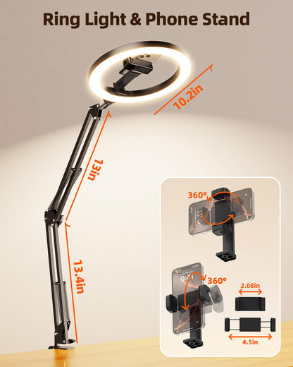 LUXSURE Ring Light with Stand for Desk, Overhead Phone Mount with 10" Ring Light Tripod for iPhone, CRI＞95, Phone Tripod with Light for Video Recording, Cooking, YouTube, Content Creation