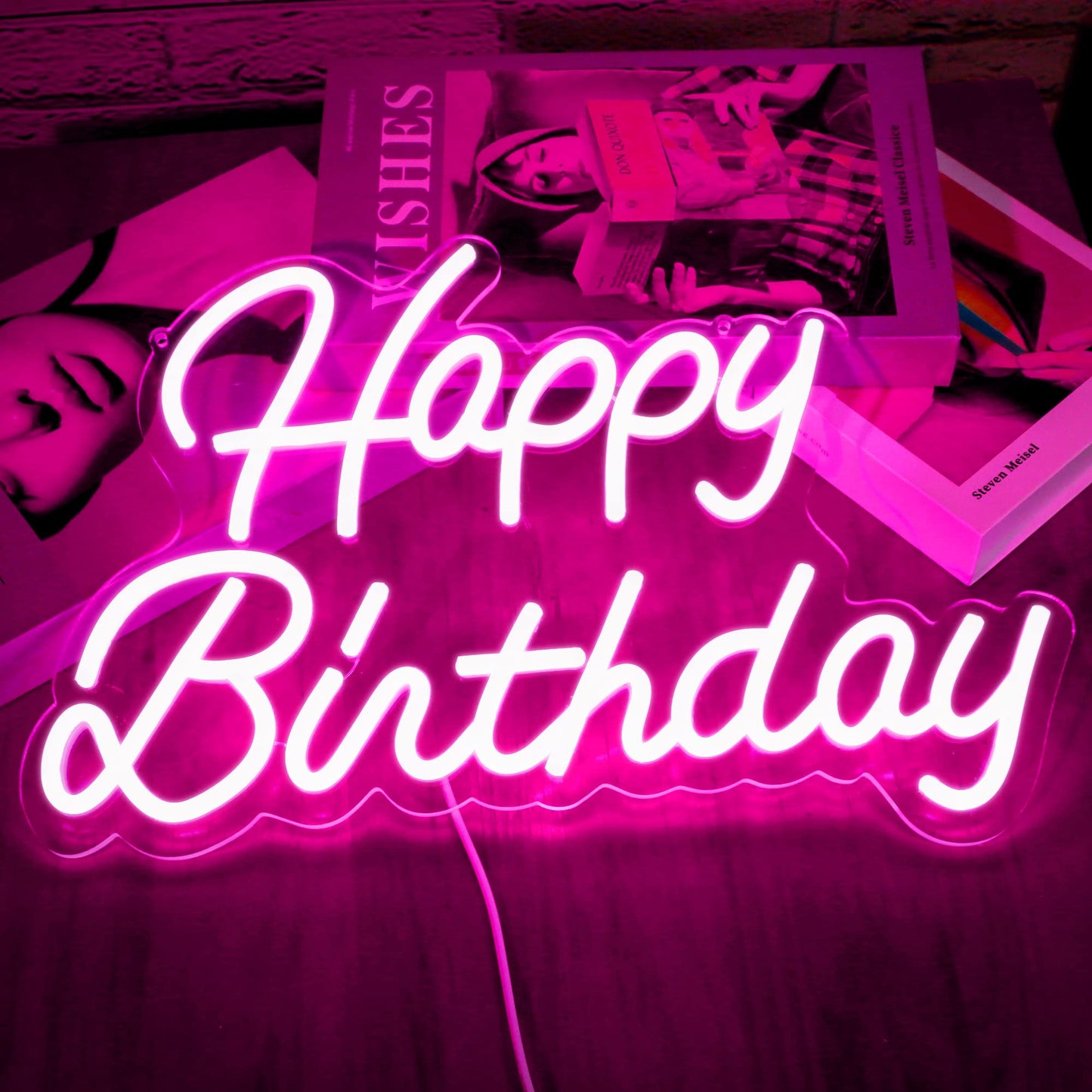Happy Birthday Neon Sign Home Decor Lights Bedroom Wall Decor Night Light Happy Birthday Light Up Sign Birthday Party Decoration Dimmable Switch Reusable LED Neon USB Power Supply 5V (Pink)