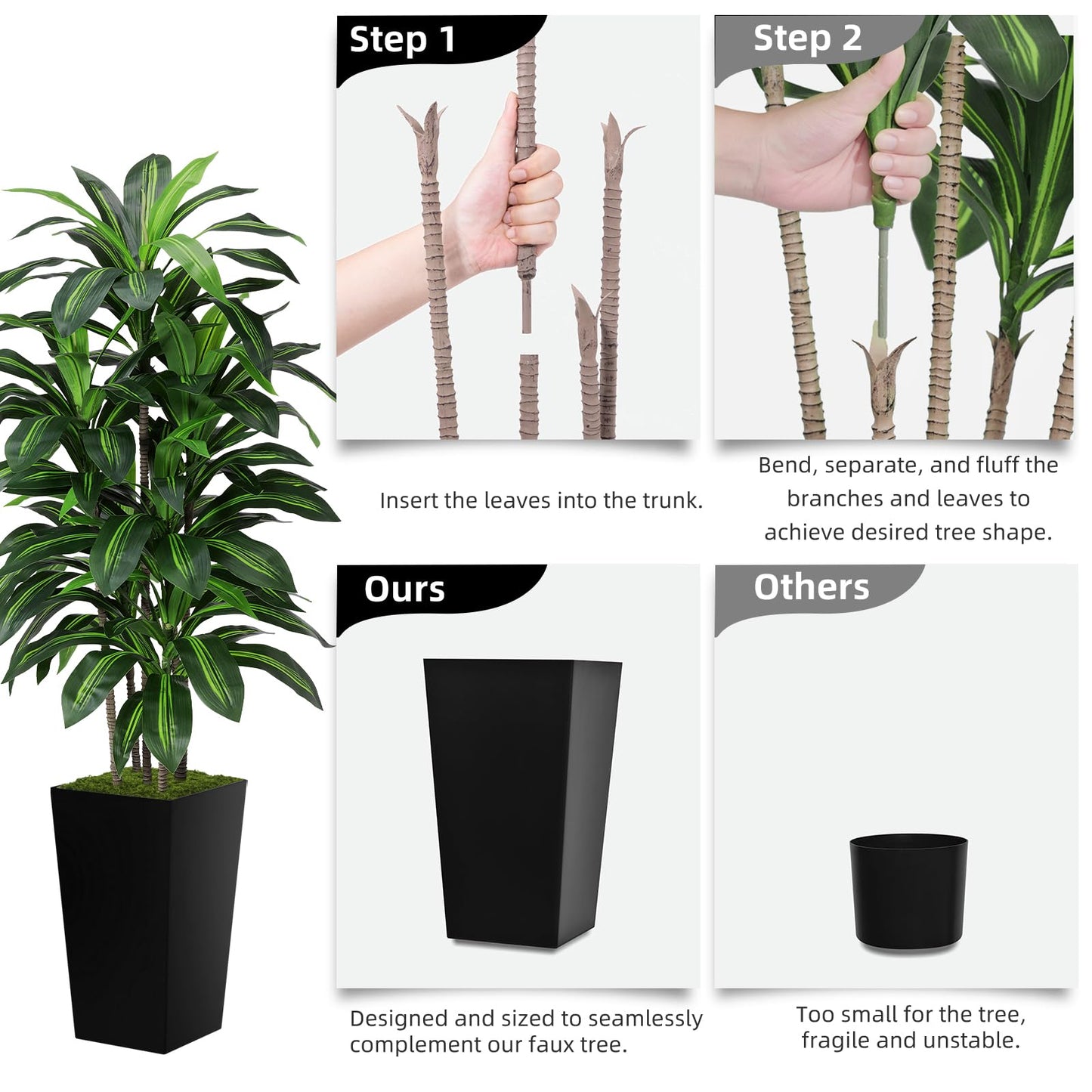 Artificial Dracaena Tree 5FT - Fake Tree with Black Tall Planter - Faux Yucca Tall Fake Floor Plant in Pot - Artificial Plant for Home Office Living Room Decor Indoor