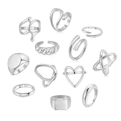 FAXHION 12PCS Gold Stackable Rings Set for Women, 18K Gold Plated Open Stacking Knuckle Ring, Adjustable Chunky Signet Band Statement Ring for Gift