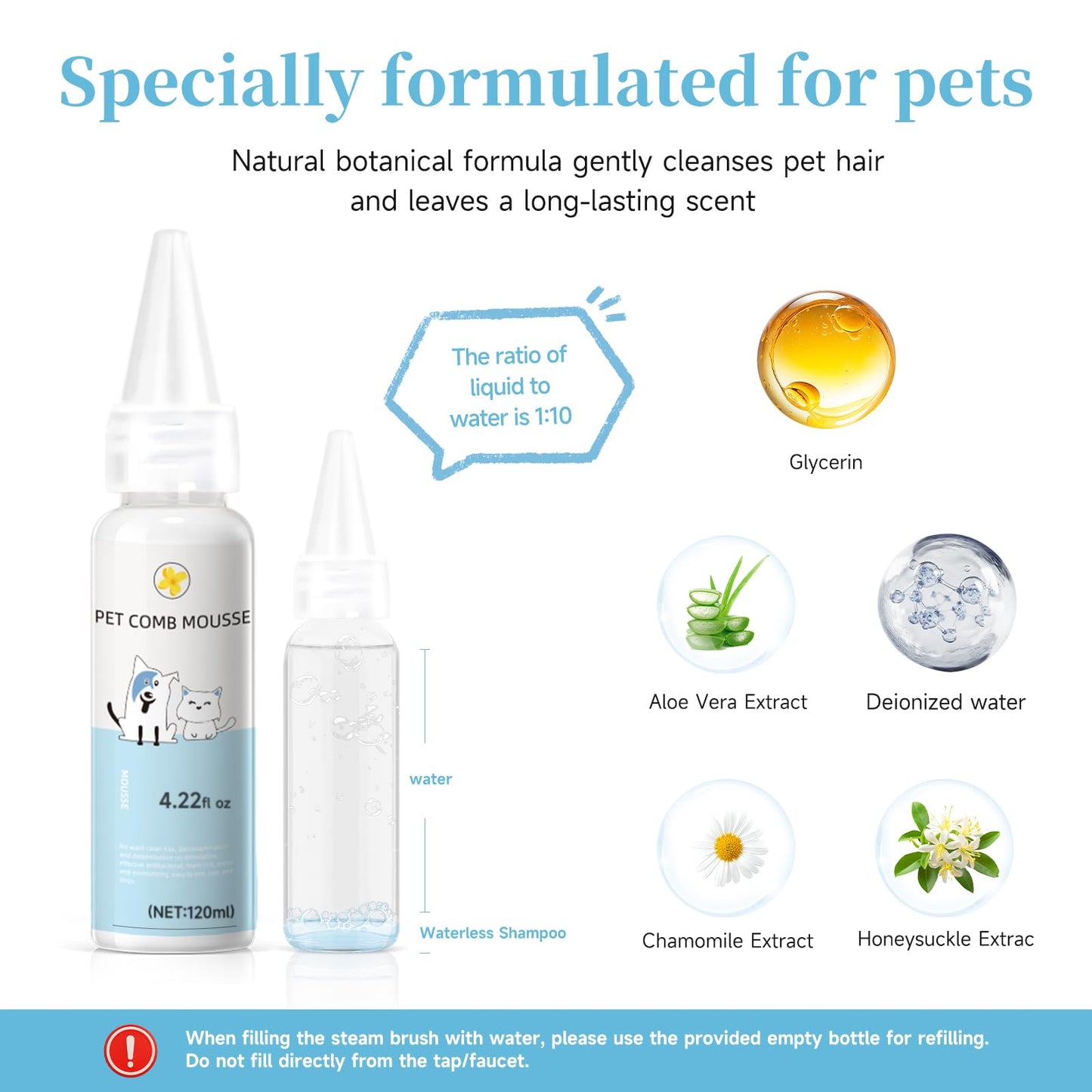 Steam Brush for Dog & Cat – 3-in-1 Pet Spray Hair Removal Comb – Pet Grooming & Shedding Steam – Includes 2*Waterless Shampoo – Water Brush for Long & Short Haired Pets – Defur Spritz Comb