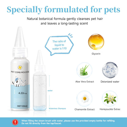 Steam Brush for Dog & Cat – 3-in-1 Pet Spray Hair Removal Comb – Pet Grooming & Shedding Steam – Includes 2*Waterless Shampoo – Water Brush for Long & Short Haired Pets – Defur Spritz Comb