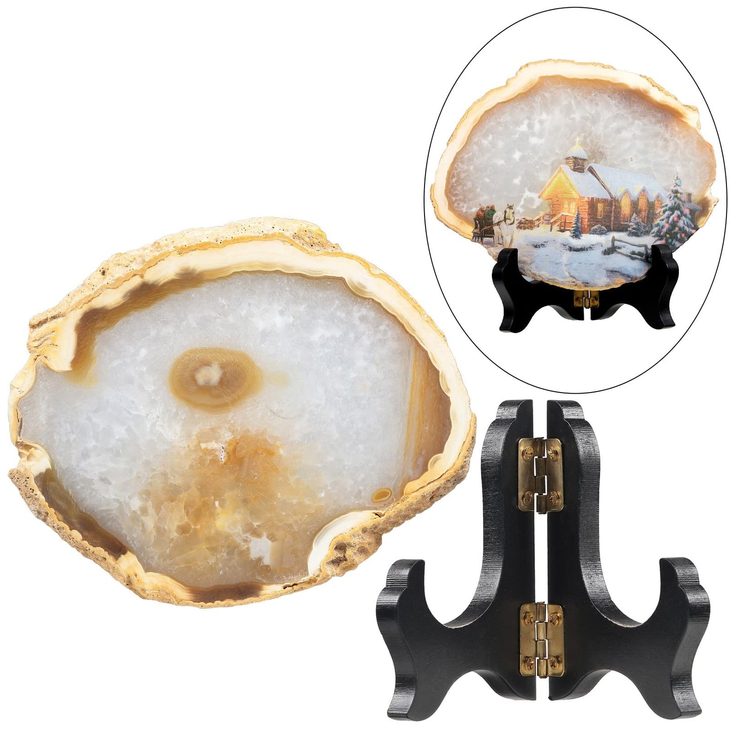 TUMBEELLUWA Natural Irregular Agate Slice Painting Decor with Wooden Stand Agate Geode Slab for Desk Hallway, Horse Walking in Snowy Night