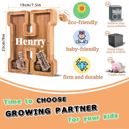 JOOMLAFLY Wooden Letter Piggy Bank for Kids - Personalized Initial Coin Bank for Boys and Girls