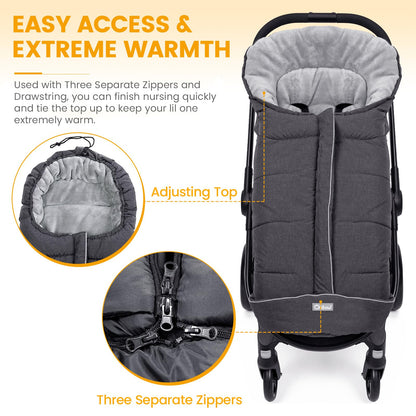 Orzbow Footmuff for Pushchair Universal, Large Pushchair & Pram Footmuffs with Drawstring, Waterproof Cosy Toes for Buggy with Warm Fleece, Anti-Slip Back, Reflective Strip, Easy Access, Dark Grey