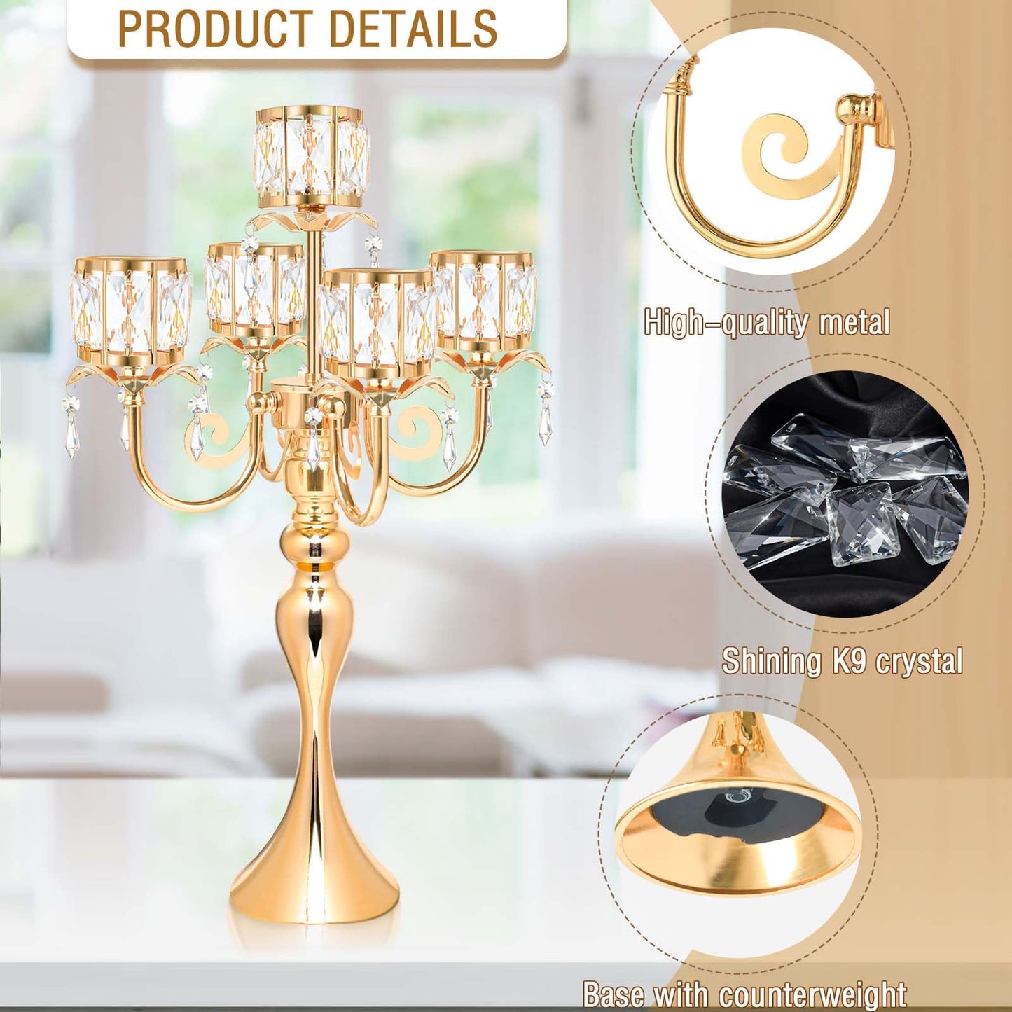 kolnlala 1PC Gold 5-Arm Crystal Pendant Metal Candle Holder with Square Crystal Bowl, 22-Inch Tall Wedding Table Centerpiece for Holiday Party Events, Christmas, Birthday Decorations
