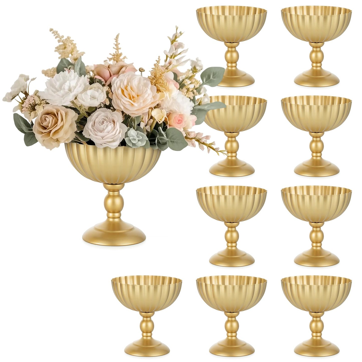 Sziqiqi Urn Vase for Wedding Centrepiece: 7.9in Gold Compote Bowl Vase Table Decorations - Floral Arrangement Pots Set of 10 - Metal Decorative Vases for Party Reception Dinner Table