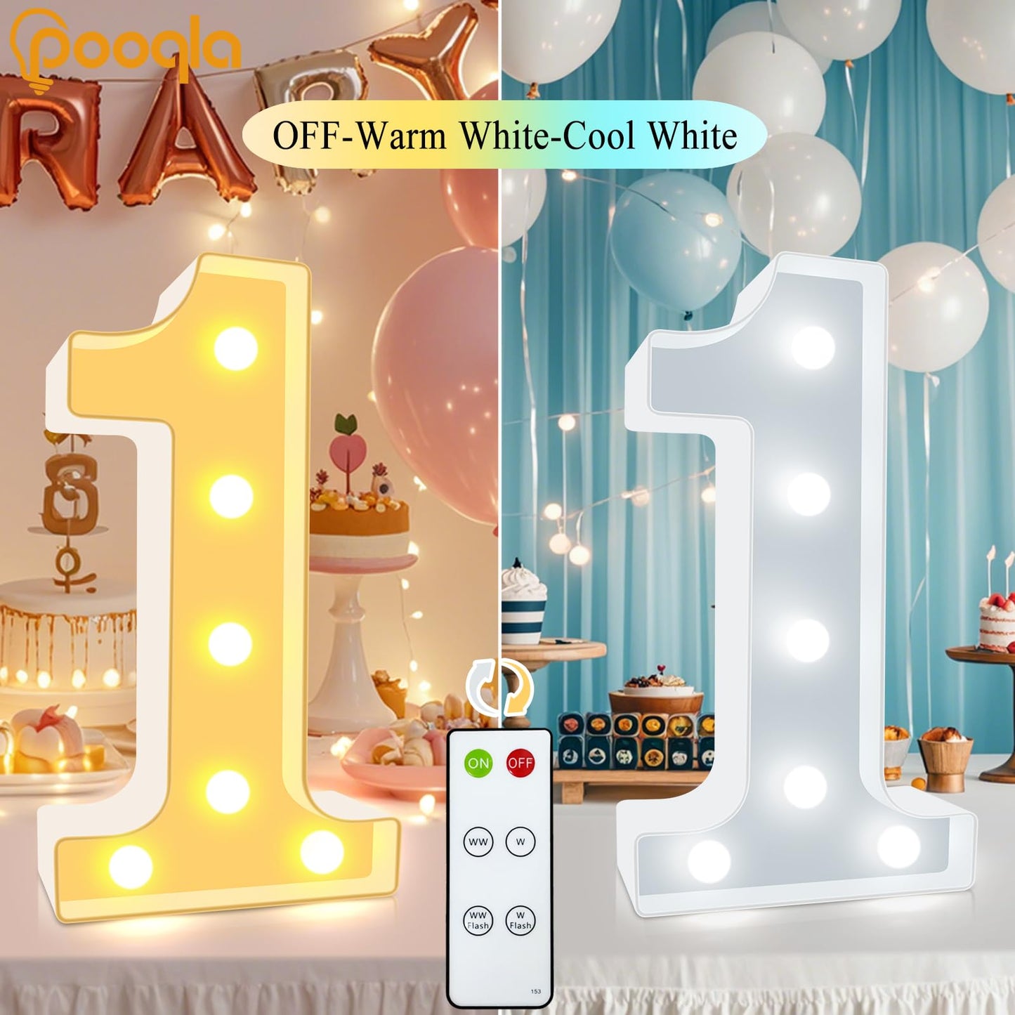Pooqla LED Light Up Numbers, Marquee Number with Remote for 4th Birthday Decoration, Lighted Numbers Gift for Boys Girls Party Backdrop Wedding Anniversary Decor, Warm White and Cool White Number 4