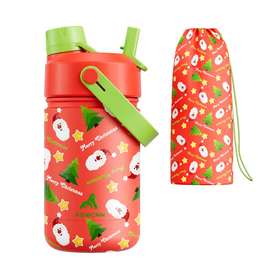 12 oz Kids Christmas Insulated Water Bottle: 2-in-1 Straw Spout Lid, Leakproof, BPA-Free, Keep Cold 24H, Stainless Steel Cup with Carrier Bag for Party, Travel, Holiday Gift (Santa's Jolly Wishes)