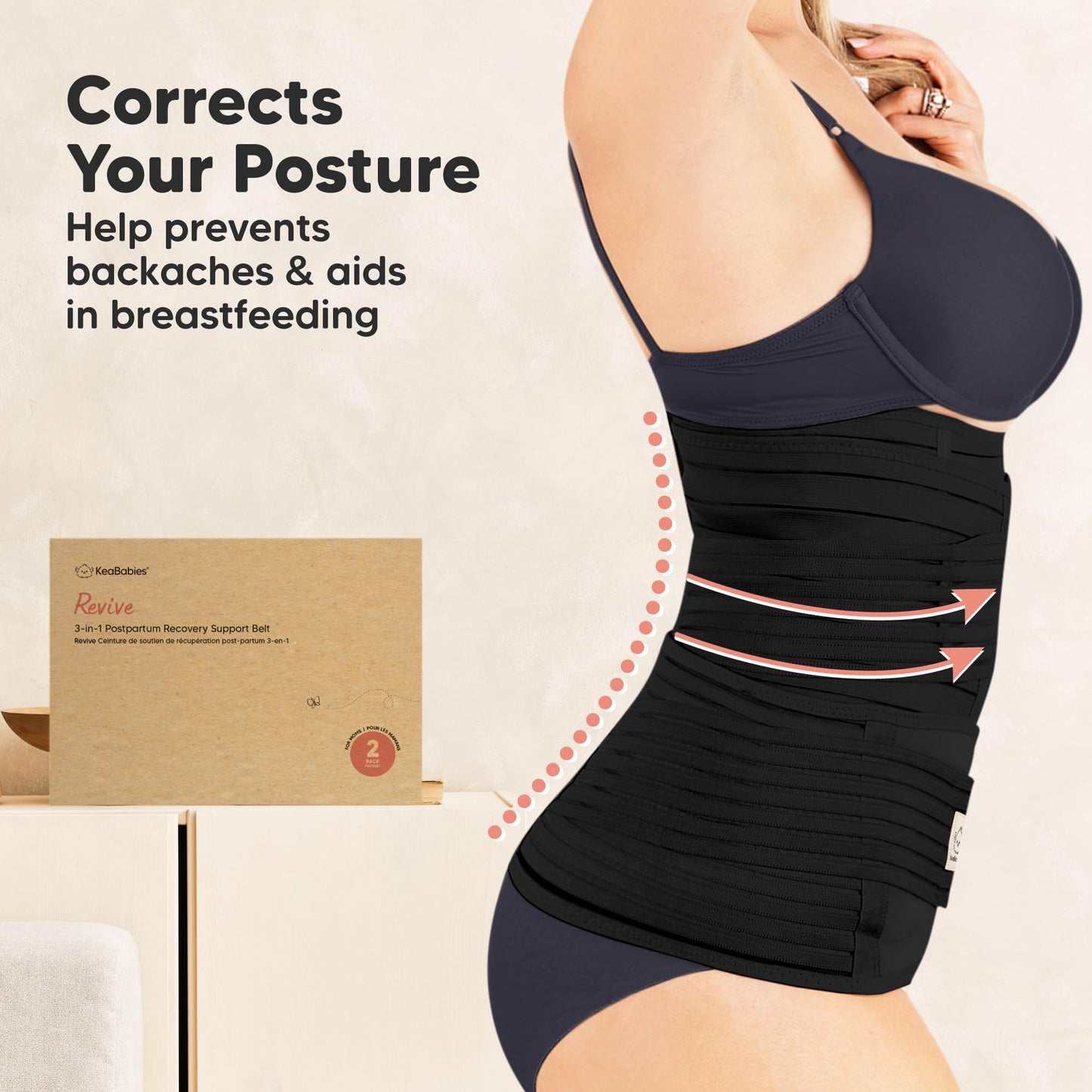KeaBabies 3 in 1 Postpartum Belly Support Recovery Wrap – 2-Pack Postpartum Belly Band, After Birth Brace, Slimming Girdles, Waist Shapewear, Post Surgery Pregnancy Support Band (Black/Ivory, M/L)