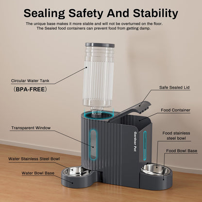 Gardner Pet 2 in 1 Automatic Cat Feeder and Water Dispenser 3L*2, Cat Bowls with Stainless Steel Bowl, Gravity Dog Water Dispenser, 100% BPA-Free, No Electricity Required, Dark Grey