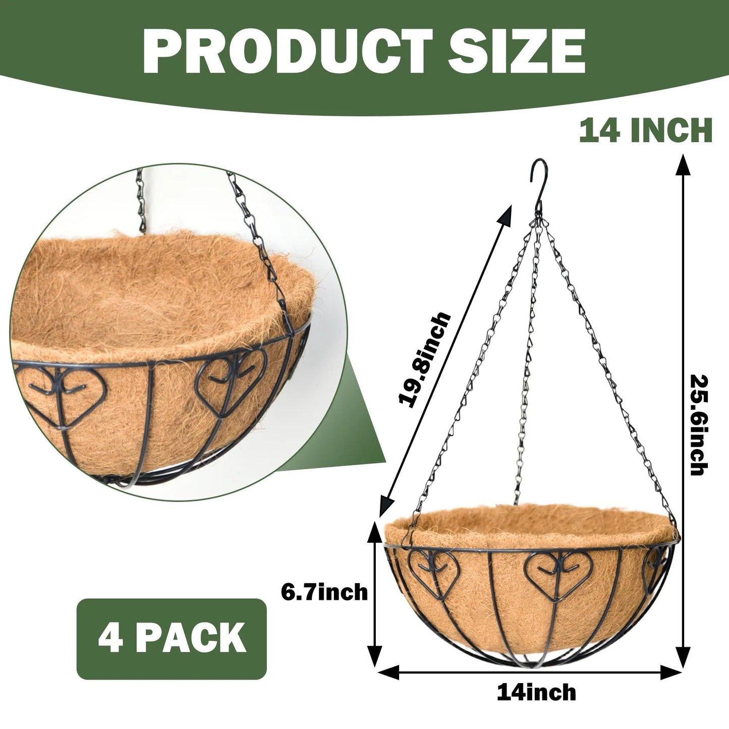 KIDYBELL 4 Pack 14 Inch Hanging Metal Planters for Outdoor Plants, Modern Black Solid Rectangular Hanging Baskets with Coco Coir Liner