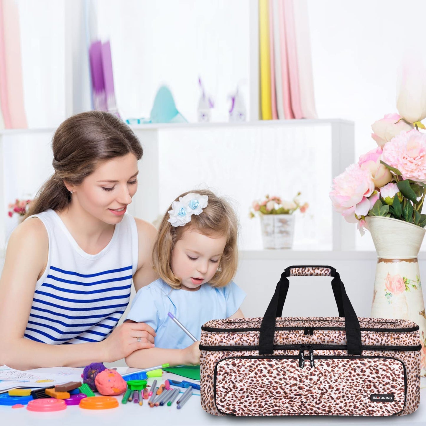 IMAGINING Carrying Case for Cricut Maker, Double-Layer Bag Machine with Cover and Cutting Mat Pocket Compatible Explore Air, Organization Storage Bags, Accessories, Leopard