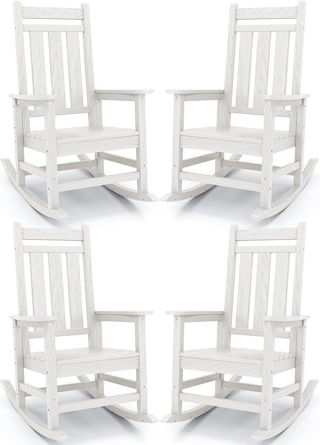 KINGYES Oversized Outdoor Rocking Chair Set of 4, All-Weather Patio Rocking Chairs for Porch, HDPE Outdoor Patio Rockers with High Back & Wide Seat for Garden, Lawn, White
