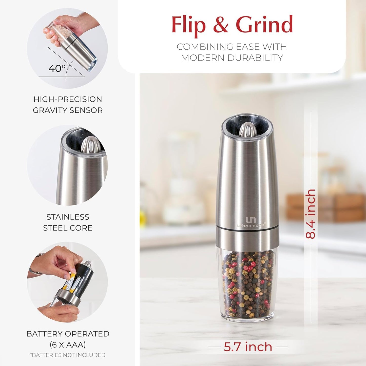 Urban Noon Gravity Salt and Pepper Grinder Set - Battery Operated Stainless Steel Mills with Light (2 Grinders) - Automatic One Handed Operation - Electric Adjustable Shakers - Ceramic Grinders