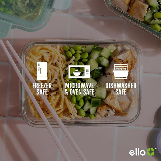 Ello Color Lock 7 Cup 4PC, 2 Pack Glass Meal Prep Sets Leak-Proof Glass Food