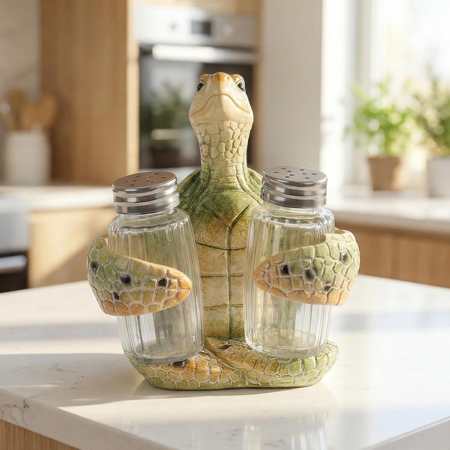 Decorative Green Sea Turtle Salt and Pepper Shaker Holder, Coastal Kitchen Decor (Greenturtle)