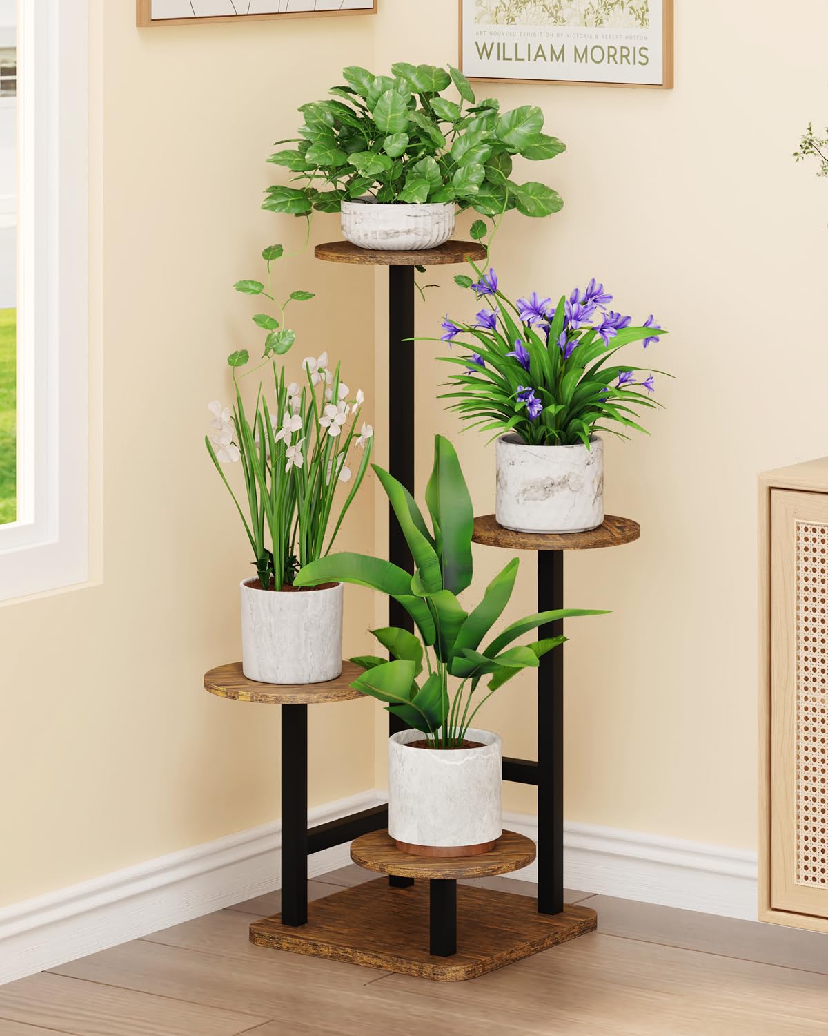 Homsorout Plant Stand Indoor - 4 Tiered Indoor Plant Stand, Metal Plant Shelf Plant Holder, Ideal for Living Room, Garden, Patio, Balcony (Black Brown)