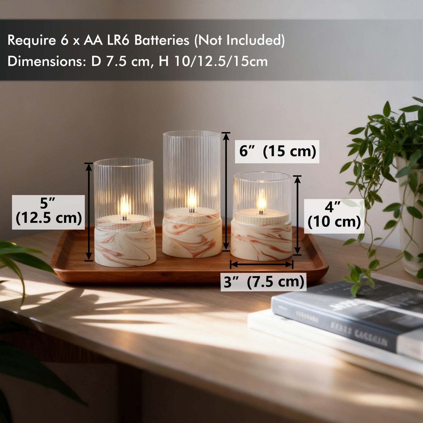 Fanna 3 Flameless LED Candles with Timer Function in Marble Texture, Battery Operated Glass Candles for Home Decor and Table Centerpieces, Cream and Burnt Orange Design - H 4" / 5" / 6"