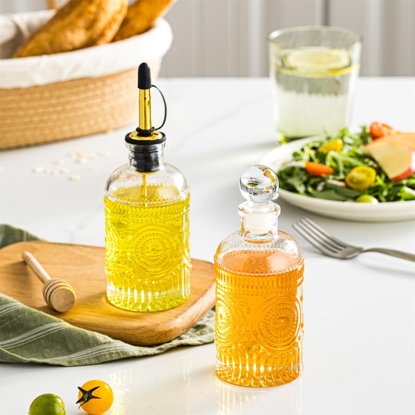 ZLTASYRY Olive Oil Dispenser Bottle for Kitchen, 7OZ Glass Oil and Vinegar Dispenser Set, Elegant Oil Container Soy Sauce Dispenser with Stainless Steel Pour Spout,Glass Stopper and Funnel