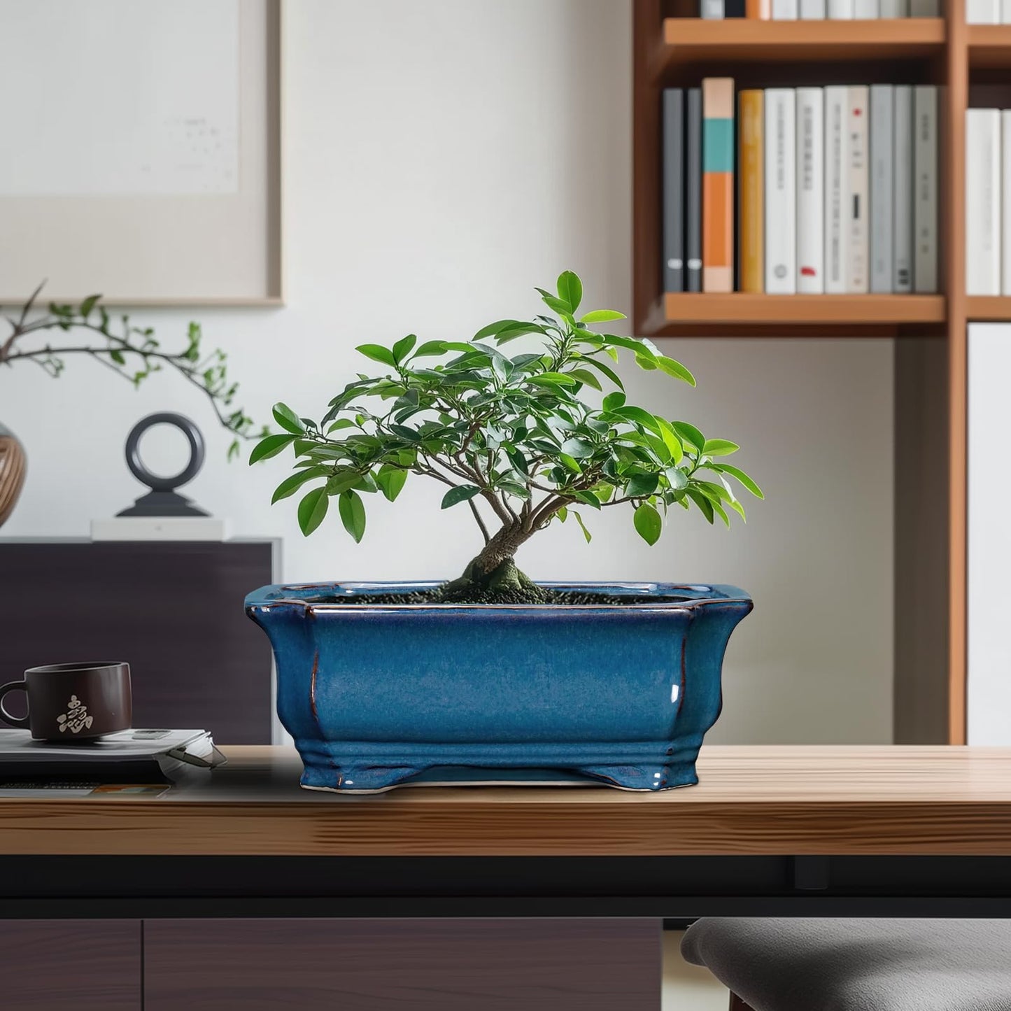 Teagas Bonsai Pots 11.6 Inch - Ceramic Succulent Pots with Drainage Hole, Rectangular Planter for Indoor Outdoor, Decorative Ceramic Flower Pot, Home Garden Room Decor, Plant Lover Gifts, Retro Blue