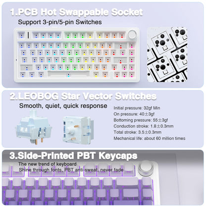AULA F75 Pro Wireless Mechanical Keyboard,75% Hot Swappable Custom Keyboard with Knob,RGB Backlit,Pre-lubed Reaper Switches,Side Printed PBT Keycaps,2.4GHz/USB-C/BT5.0 Mechanical Gaming Keyboards